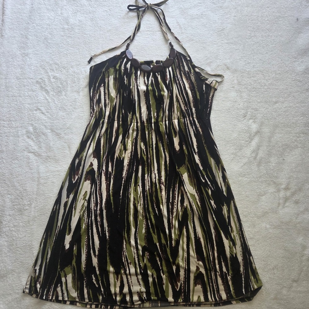 BISOU BISOU Dress Green Brown Black White Tribal Wood Halter Y2k No Tag Read